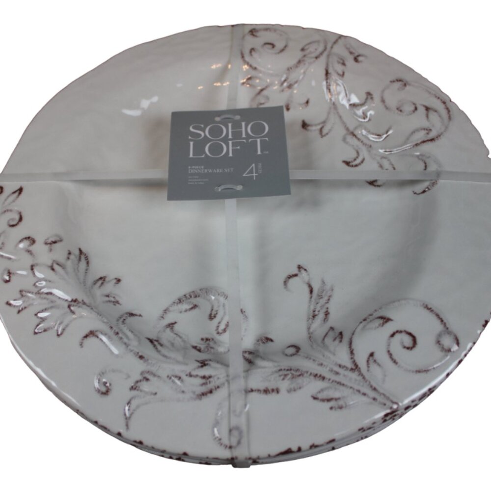 Soho Loft Ivory Brown Rustic Flower Set of 4 11" Melamine Dinner Plates NWT RARE